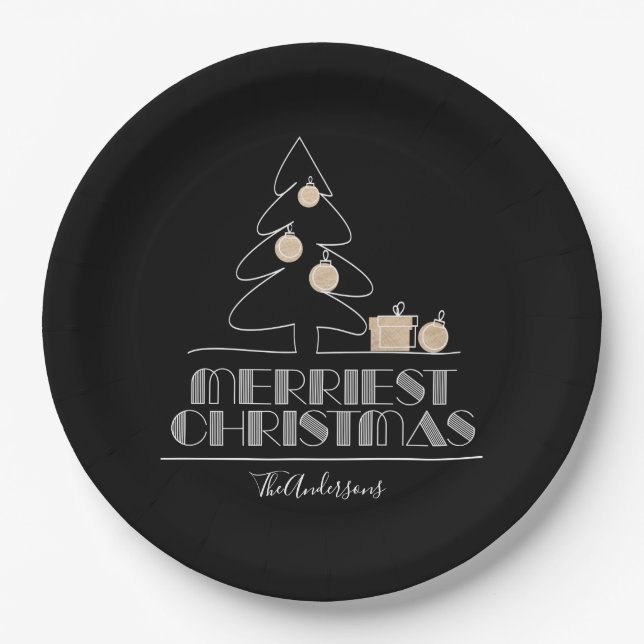 Merry Christmas Tree Black Paper Plates (Front)