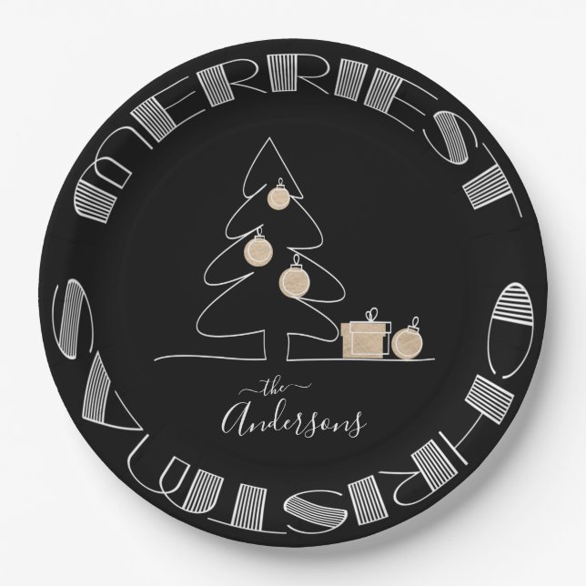 Merry Christmas Tree Black Paper Plates (Front)