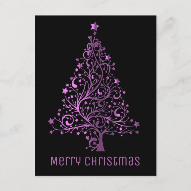 Merry Christmas Tree Black Pink Metallic Look Holiday Postcard (Front)