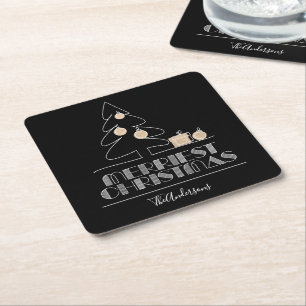 Merry Christmas Tree Black Square Paper Coaster
