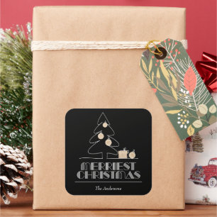 Merry Christmas Tree Black Square Sticker