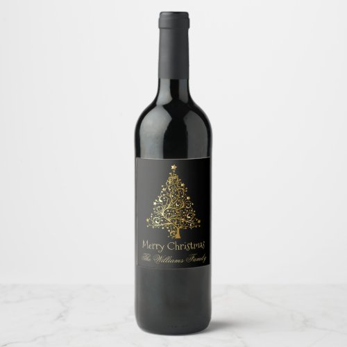 Merry Christmas Tree Black Yellow Gold Elegant Wine Label