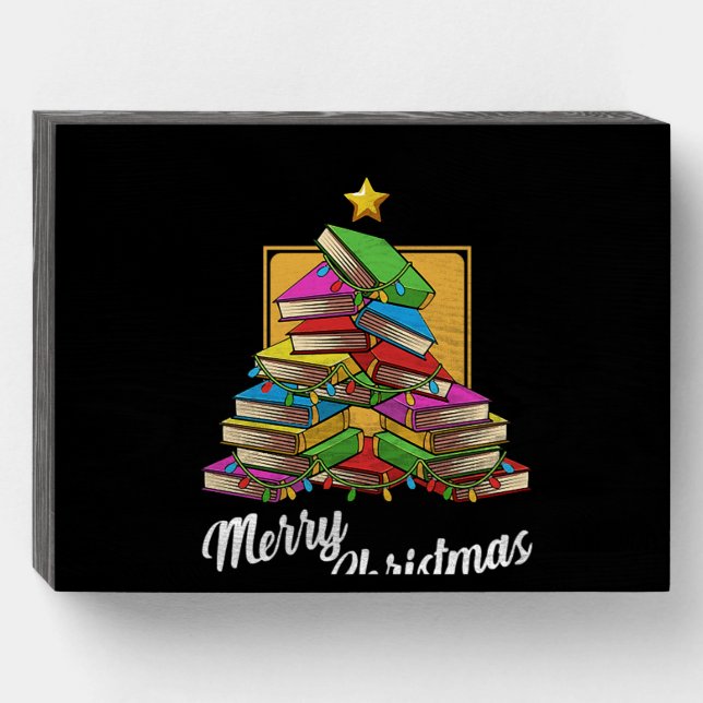 Merry Christmas Tree Book Worms Reading Library.pn Wooden Box Sign (Front Horizontal)