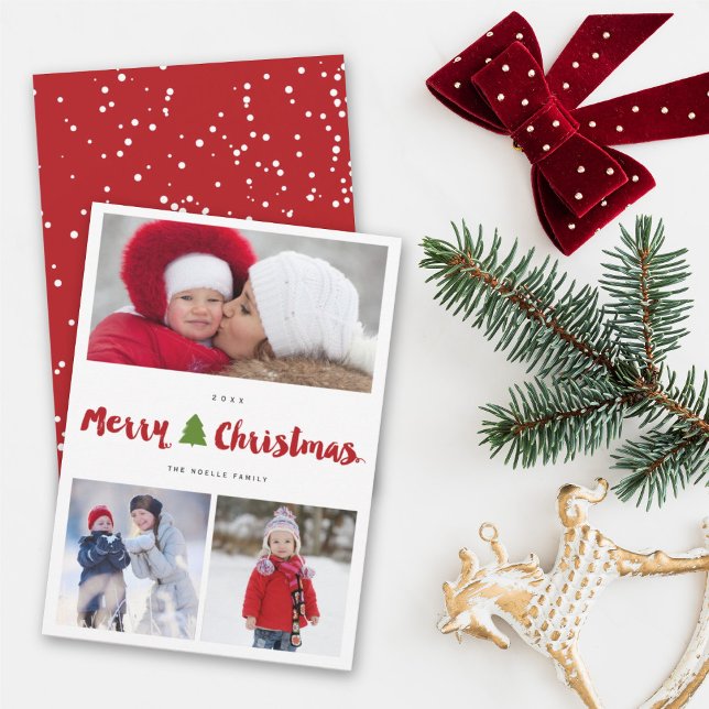 Merry Christmas Tree Brush Script 3 Photo Collage Holiday Card (Creator Uploaded)
