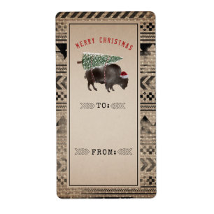 Merry Christmas Tree Buffalo Burlap To From Gift  Label