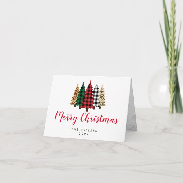 Merry Christmas Tree Buffalo Plaid Holiday Card (Front)