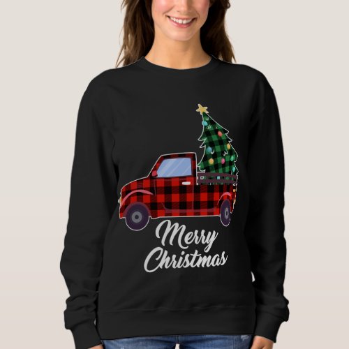 Merry Christmas Tree Buffalo Plaid Red Truck Sweatshirt