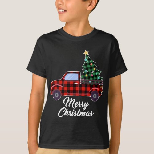 Merry Christmas Tree Buffalo Plaid Red Truck T_Shirt