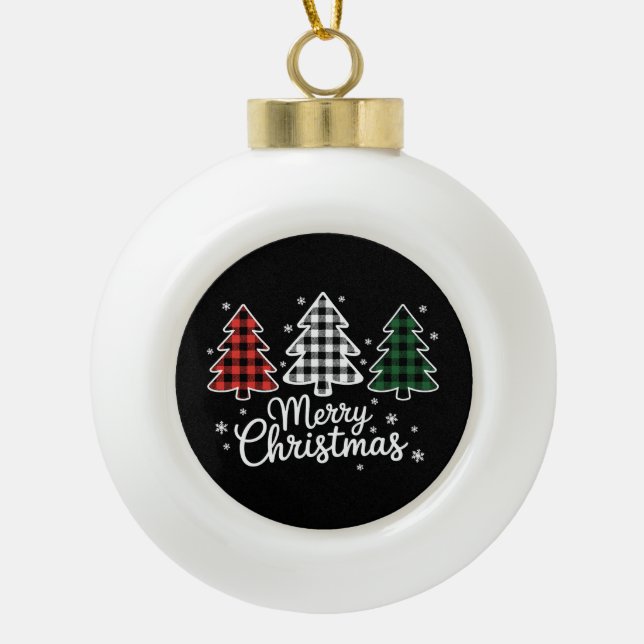 Merry Christmas Tree Buffalo Plaid Red White Green Ceramic Ball Christmas Ornament (Front)