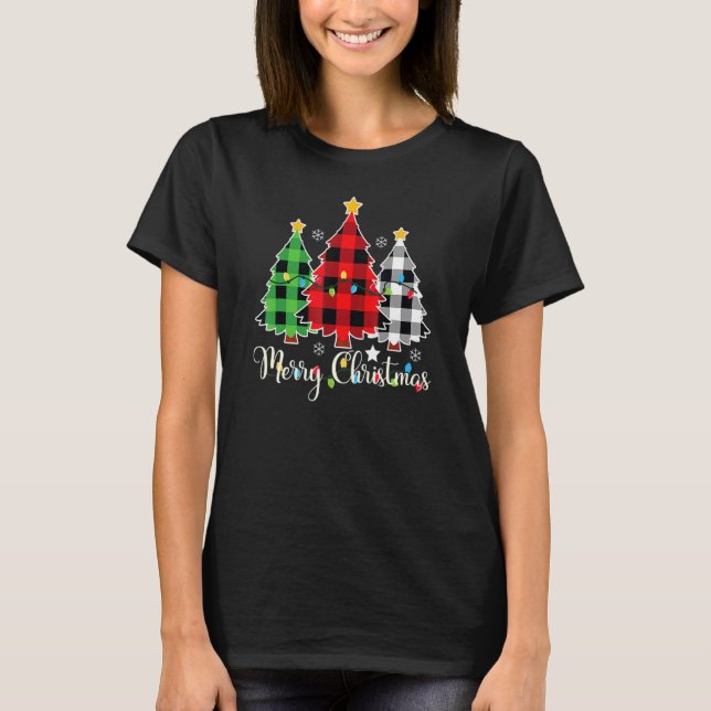 Merry Christmas Tree Buffalo Plaid Red White Green T-Shirt (Front)