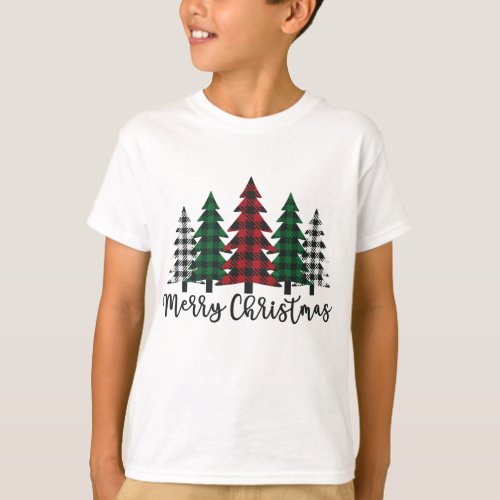 Merry Christmas Tree Buffalo Plaid Red White Green T_Shirt