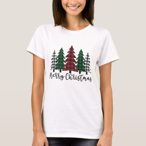 Merry Christmas Tree Buffalo Plaid Red White Green T_Shirt