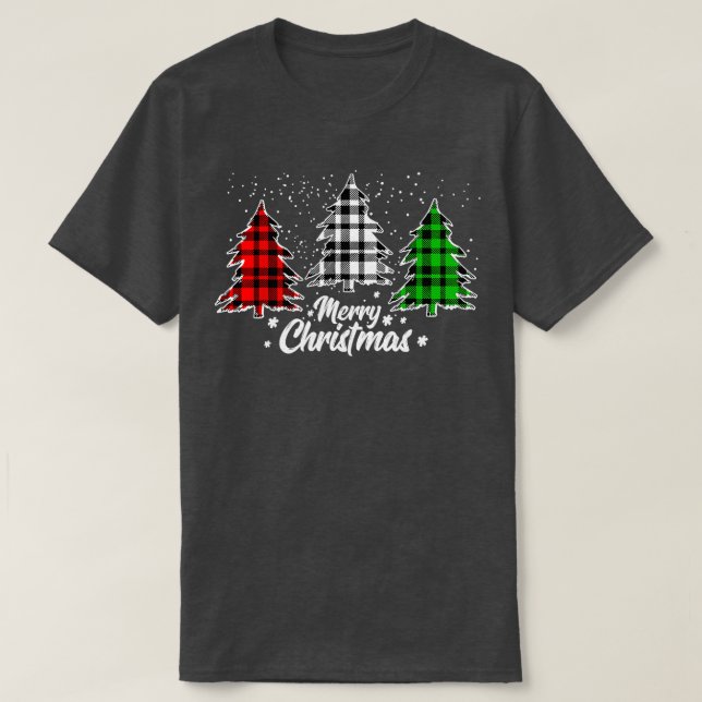 Merry Christmas Tree Buffalo Plaid Red White Green T-Shirt (Design Front)