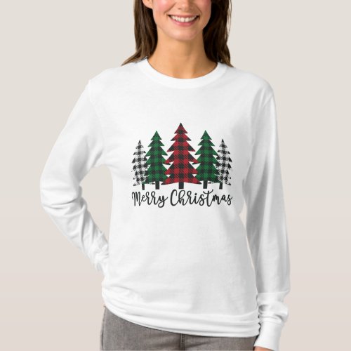 Merry Christmas Tree Buffalo Plaid Red White Green T_Shirt