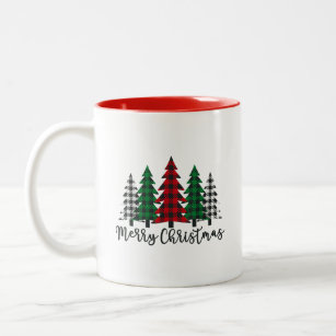 Merry Christmas Tree Buffalo Plaid Red White Green Two-Tone Coffee Mug