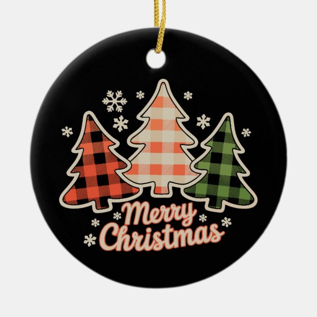 Merry Christmas Tree Buffalo Plaid Xmas Holiday Ceramic Ornament (Front)