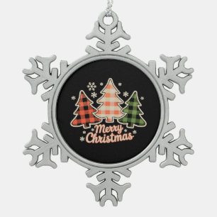 Merry Christmas Tree Buffalo Plaid Xmas Holiday Snowflake Pewter Christmas Ornament