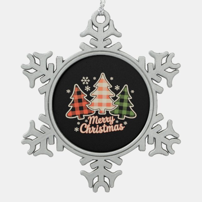 Merry Christmas Tree Buffalo Plaid Xmas Holiday Snowflake Pewter Christmas Ornament (Front)