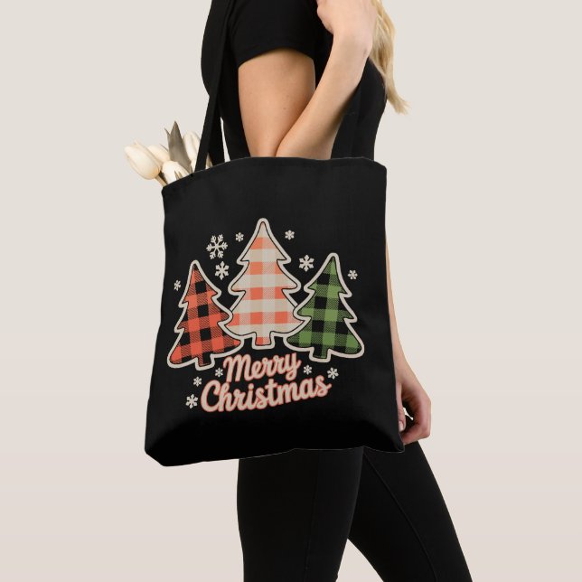 Merry Christmas Tree Buffalo Plaid Xmas Holiday Tote Bag (Close Up)