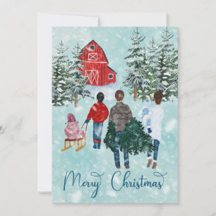 Merry Christmas Tree Carrying Children Snow Farm Holiday Card
