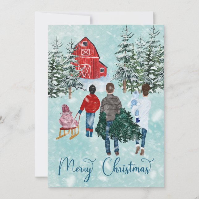 Merry Christmas Tree Carrying Children Snow Farm Holiday Card (Front)