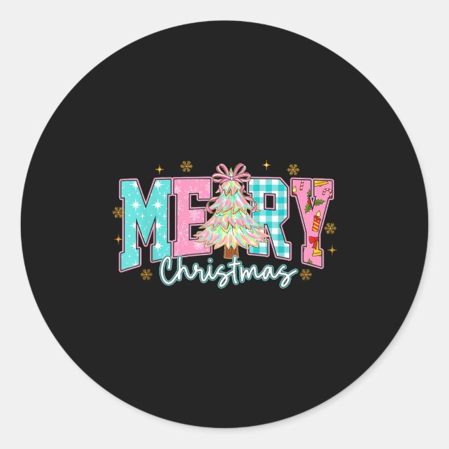 Merry Christmas Tree Coquette Bow Xmas Holiday Wom Classic Round Sticker (Front)