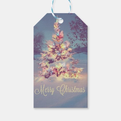 Merry Christmas Tree Covered In Snow Gift Tags