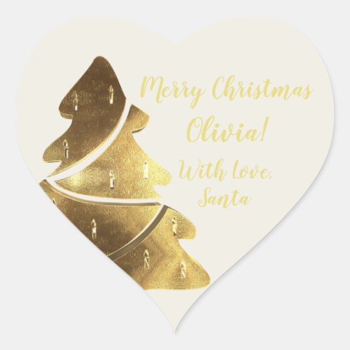 Merry Christmas Tree Creamy Gold Elegant Heart Sticker