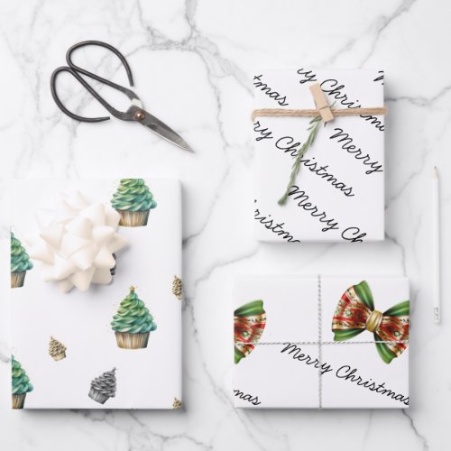 Merry Christmas Tree Cup Cake and Bow Wrapping Paper Sheets