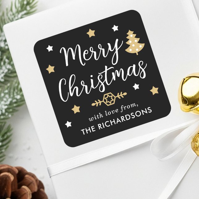 Merry Christmas Tree Custom Family Name Black Gold Square Sticker (Creator Uploaded)