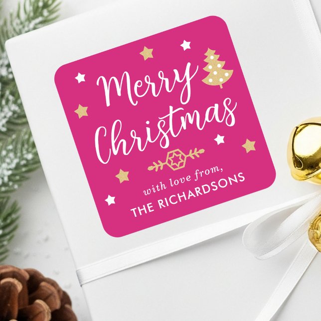 Merry Christmas Tree Custom Family Name Pink Square Sticker (Creator Uploaded)