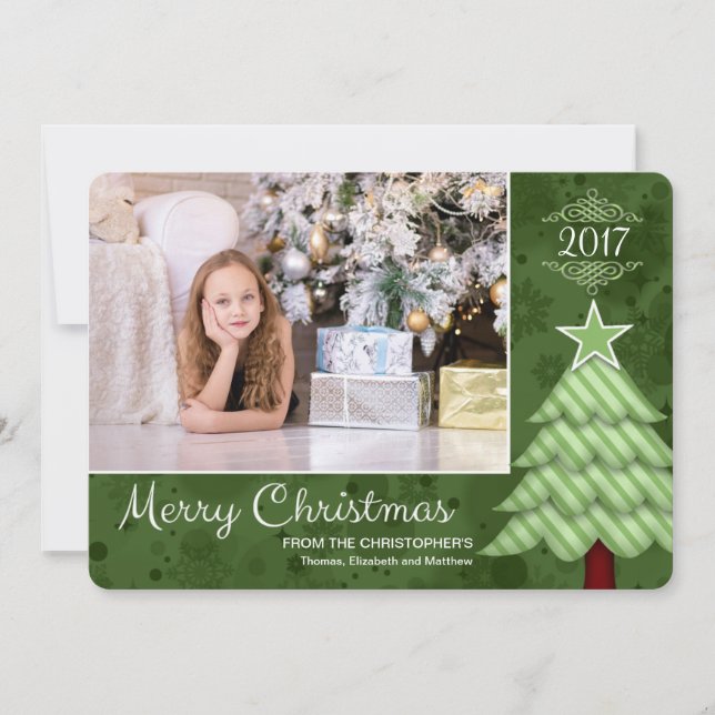 Merry Christmas Tree custom photo/name/date Holiday Card (Front)