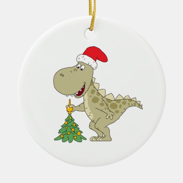 Merry Christmas Tree Cute Dinosaur Santa Hat Ceramic Ornament (Front)