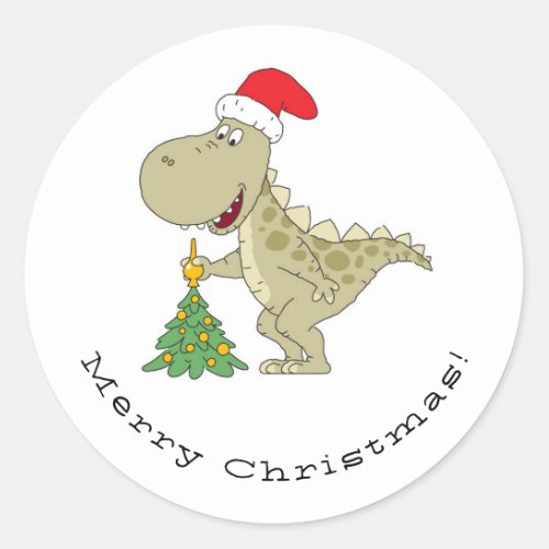 Merry Christmas Tree Cute Dinosaur Santa Hat Classic Round Sticker
