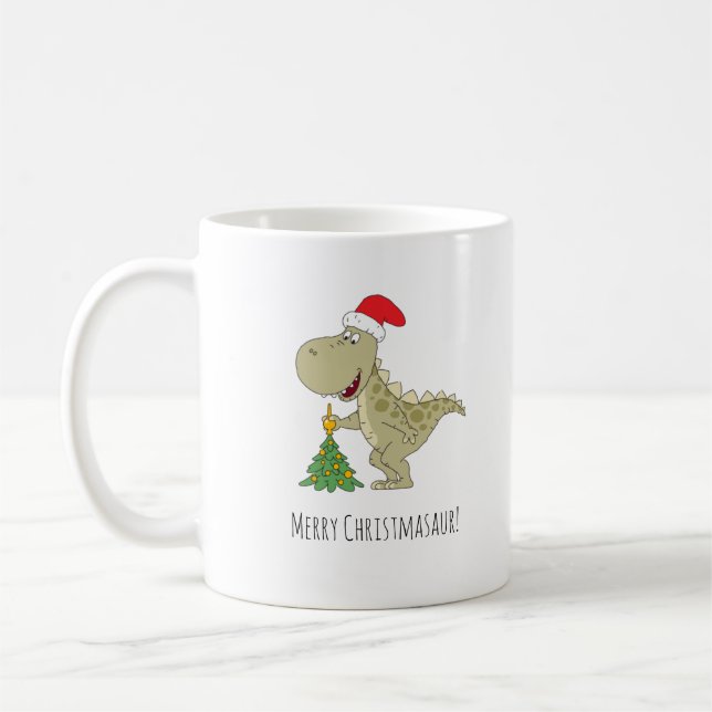 Merry Christmas Tree Cute Dinosaur Santa Hat Coffee Mug (Left)