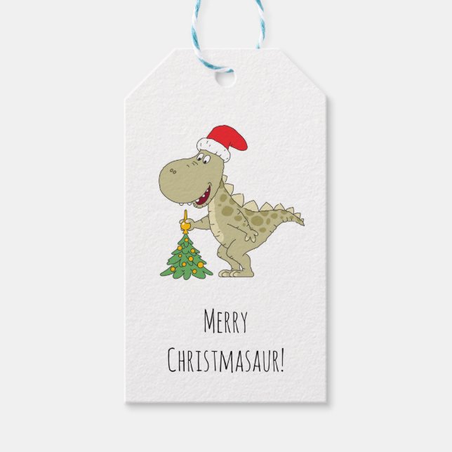 Merry Christmas Tree Cute Dinosaur Santa Hat Gift Tags (Front)