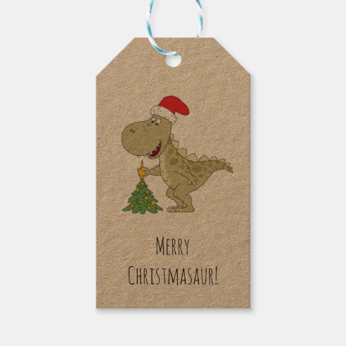 Merry Christmas Tree Cute Dinosaur Santa Hat Gift Tags