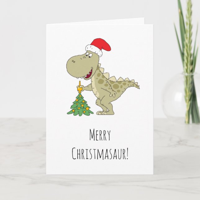Merry Christmas Tree Cute Dinosaur Santa Hat Holiday Card (Front)