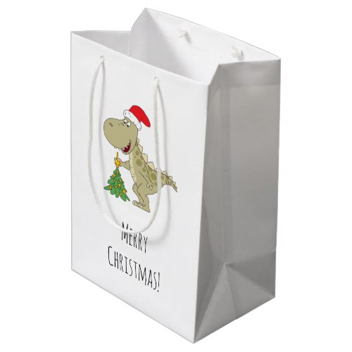Merry Christmas Tree Cute Dinosaur Santa Hat Medium Gift Bag