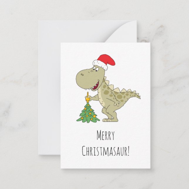 Merry Christmas Tree Cute Dinosaur Santa Hat Note Card (Front)
