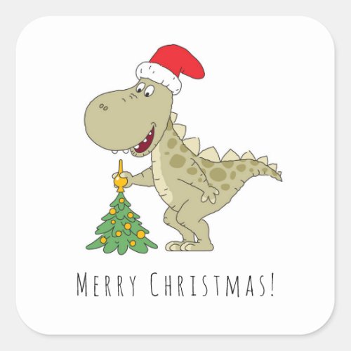 Merry Christmas Tree Cute Dinosaur Santa Hat Square Sticker