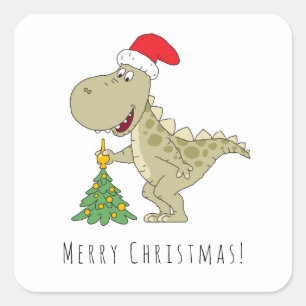 Merry Christmas Tree Cute Dinosaur Santa Hat Square Sticker