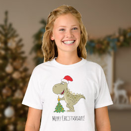 Merry Christmas Tree Cute Dinosaur Santa Hat T-Shirt