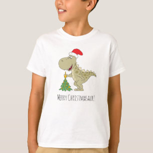 Merry Christmas Tree Cute Dinosaur Santa Hat T-Shirt