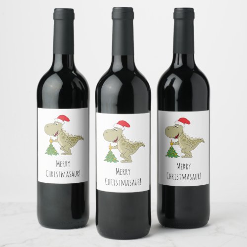 Merry Christmas Tree Cute Dinosaur Santa Hat  Wine Label