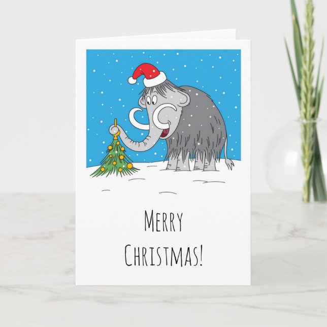 Merry Christmas Tree Cute Mammoth Santa Hat Holiday Card (Front)