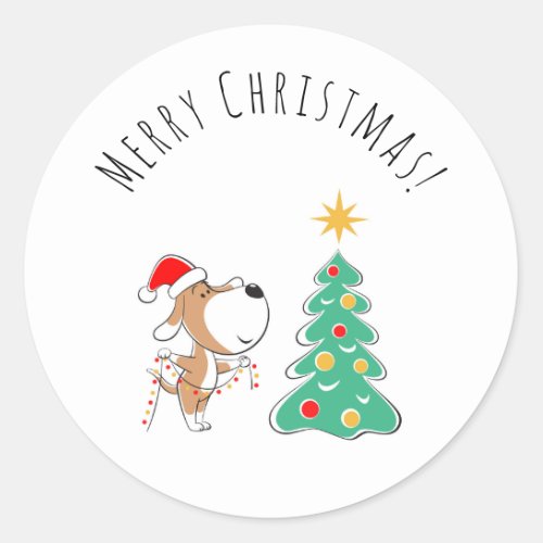 Merry Christmas Tree Cute Puppy Dog Santa Hat Classic Round Sticker