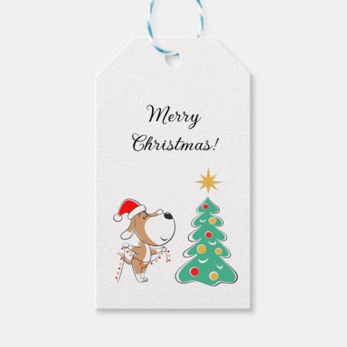 Merry Christmas Tree Cute Puppy Dog Santa Hat Gift Tags