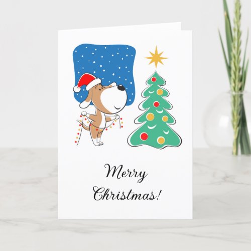 Merry Christmas Tree Cute Puppy Dog Santa Hat Holiday Card