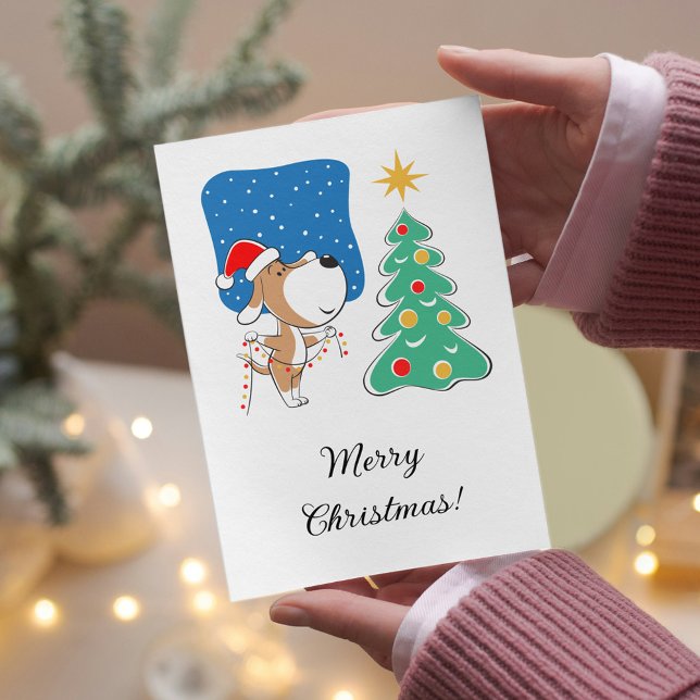 Merry Christmas Tree Cute Puppy Dog Santa Hat Holiday Card (Creator Uploaded)